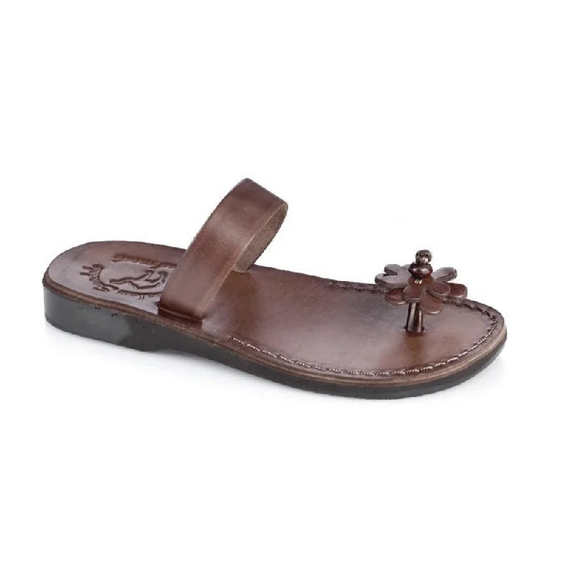 Men's sandals in a neutral color like black or brownEsther - Leather Flower Flip Flops | Brown