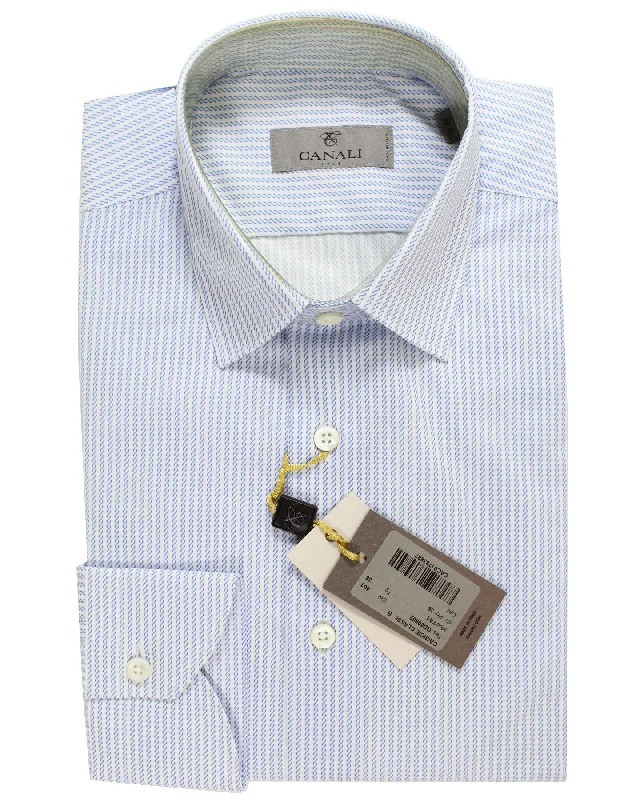 Canali Shirt White Royal Blue Patterned Stripes Design - Modern Fit 38 - 15