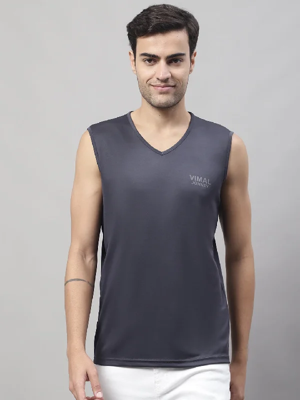 Vimal Jonney Regular Fit Dryfit Lycra Solid Dark Grey Gym Vest for Men