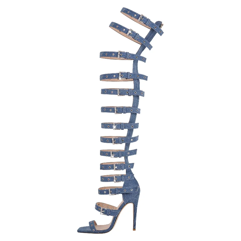 Men's sandals with a contrast stitching detailDenim Hollow Buckle Starp Thigh Stiletto Bootie Sandals