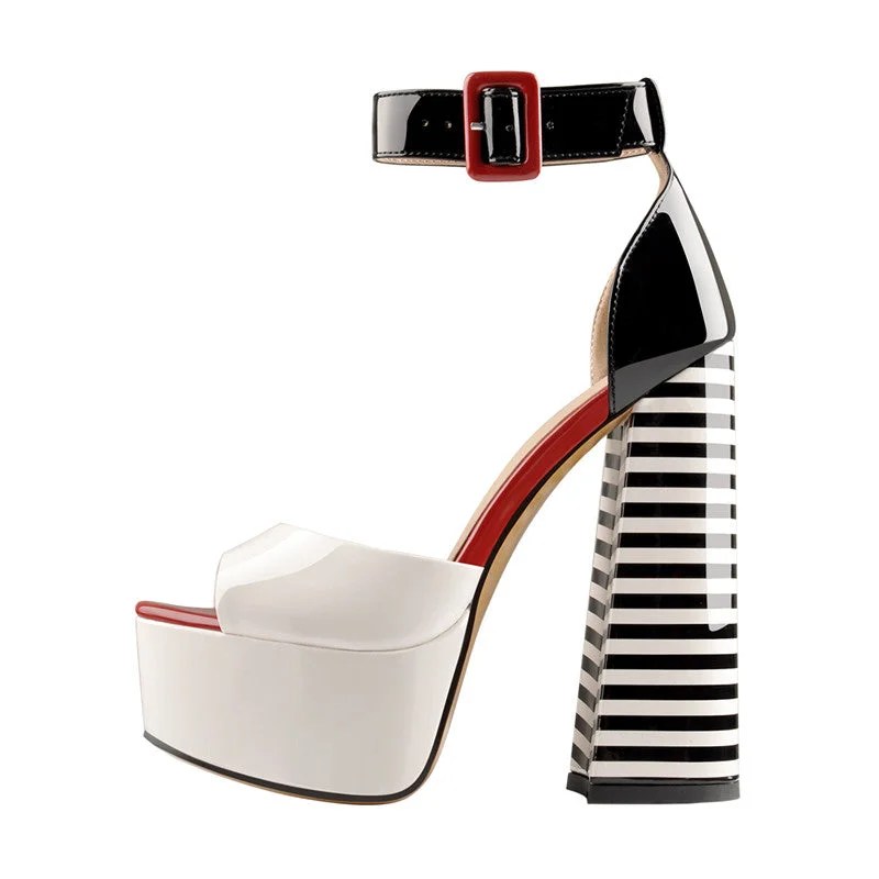 Men's sandals with a contrast stitching detailWhite Platform Peep Toe Ankle Chunky Sandals Men's sandals with a contrast stitching detailWhite Platform Peep Toe Ankle Chunky Sandals